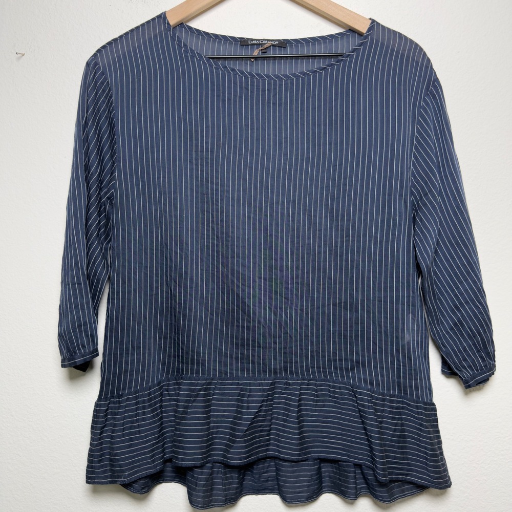 Luisa Cerano Women Cotton Silk Top 6 Navy Blue Pinstripe Peplum Hem Luxury